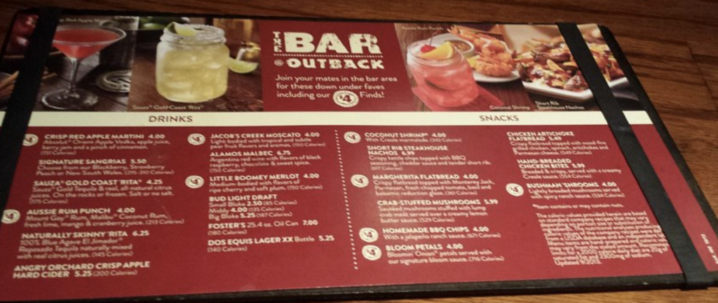 Outback Steakhouse Bar Menu
